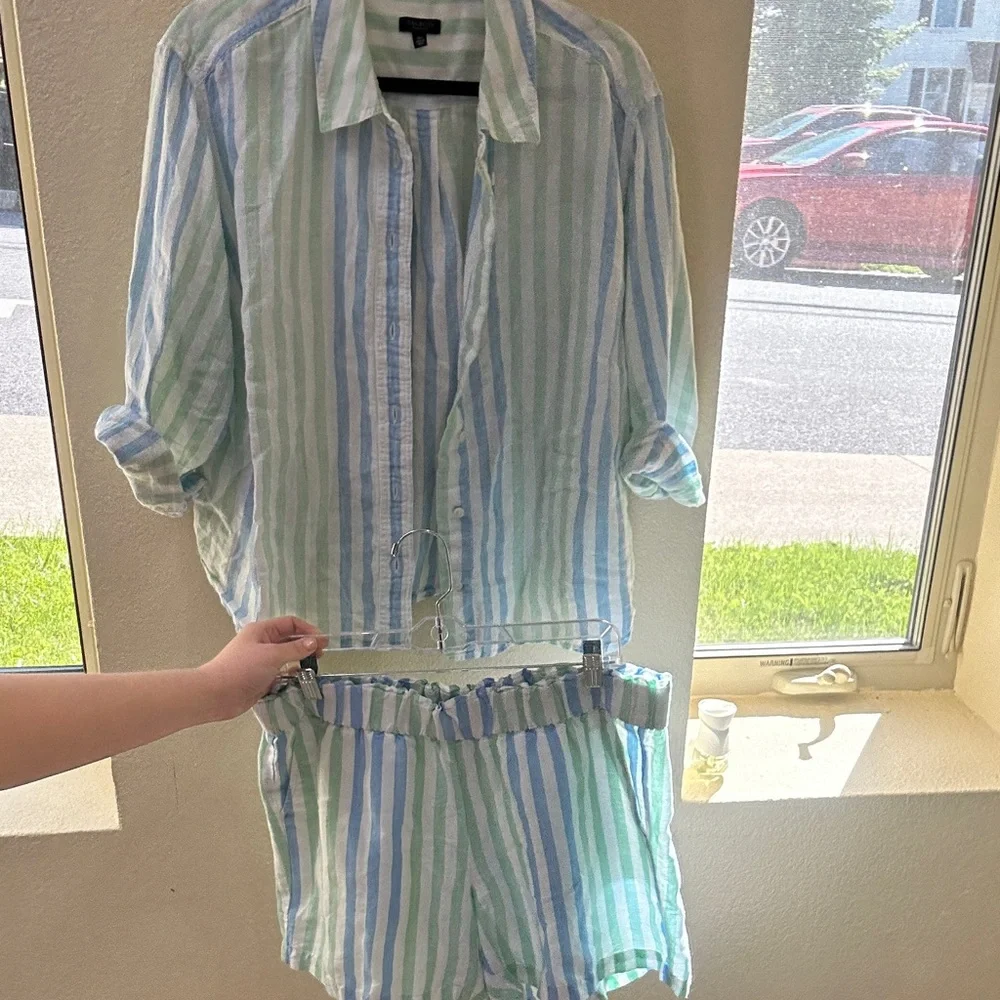 Talbots Linen Matching Set Striped Button Front Shirt & Shorts Blue Green linen